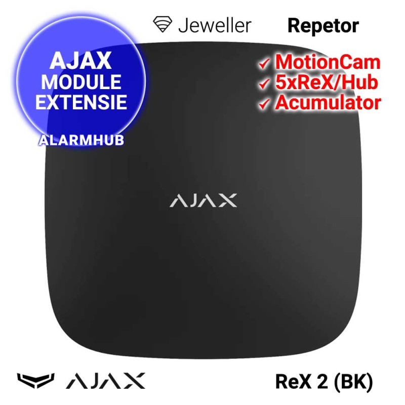 Repetor wireless AJAX ReX 2 (BK) - suporta detectori MotionCam, negru