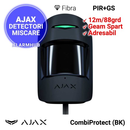 Detector PIR + Geam Spart AJAX CombiProtect Fibra (BK) - cablat, 12m, negru