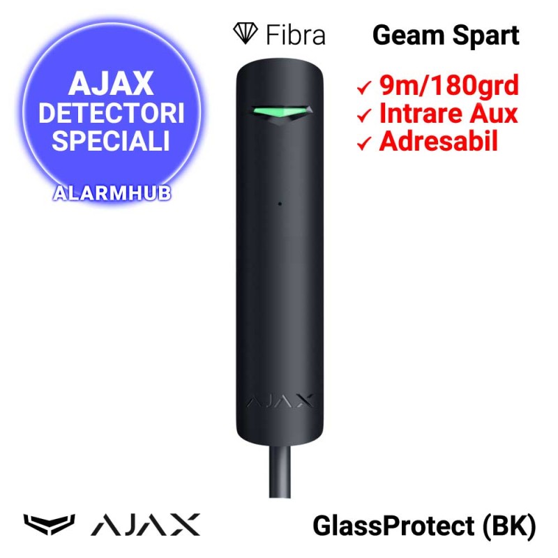 Detector geam spart AJAX GlassProtect Fibra (BK) - cablat, negru