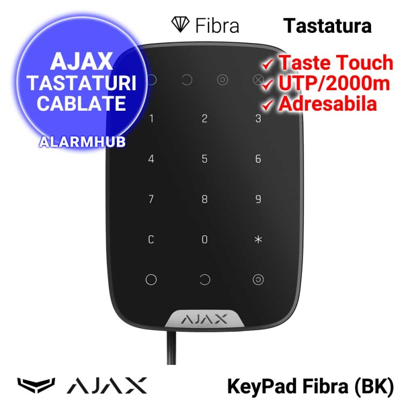 AJAX KeyPad Fibra (BK) - tastatura cablata, adresabila, taste touch, culoare neagra