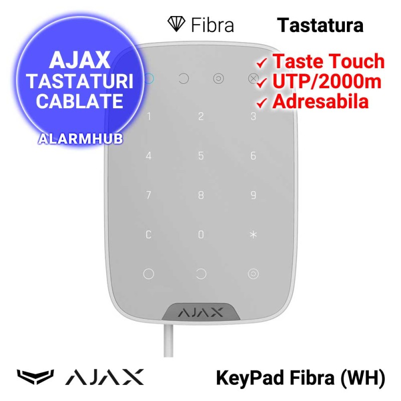 AJAX KeyPad Fibra (WH) - tastatura cablata, adresabila, culoare alba
