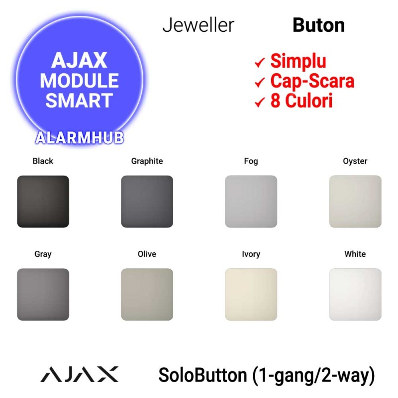 Buton AJAX SoloButton (1-gang/2-way) - simplu/cap-scara, 8 culori