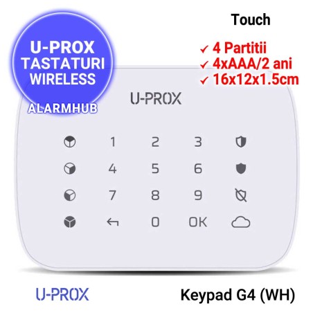 Tastatura wireless U-PROX Keypad G4 (WH) - butoane touch, 4 partitii, alba