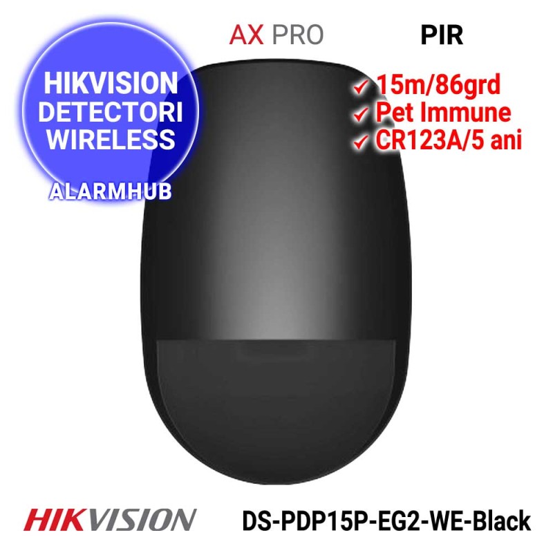 HIKVISION DS-PDP15P-EG2-WE-Black - detector miscare PIR wireless, 15m/86grd, Pet immunity, carcasa neagra.