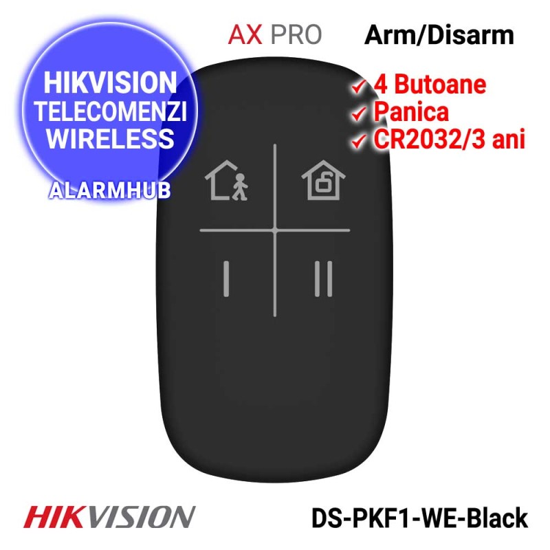 HIKVISION DS-PKF1-WE-Black - telecomanda cu 4 butoane, functii de armare/dezarmare, panica