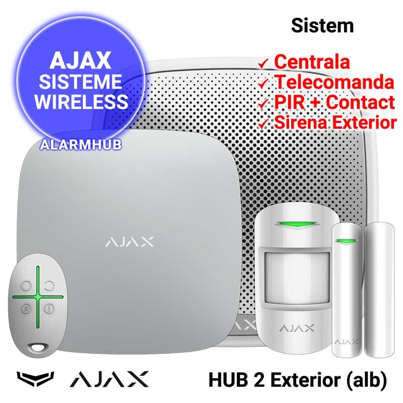 Sistem alarma AJAX HUB 2 cu sirena de exterior (alb)
