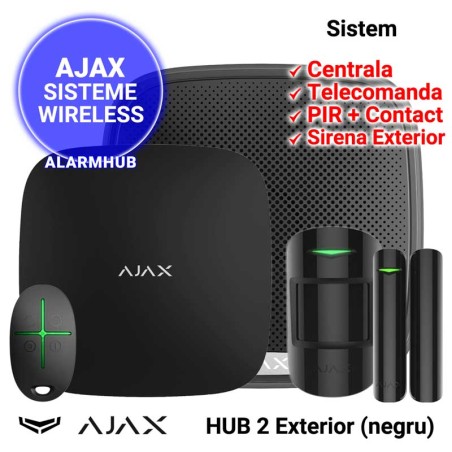 Sistem alarma AJAX HUB 2 cu sirena de exterior (negru)