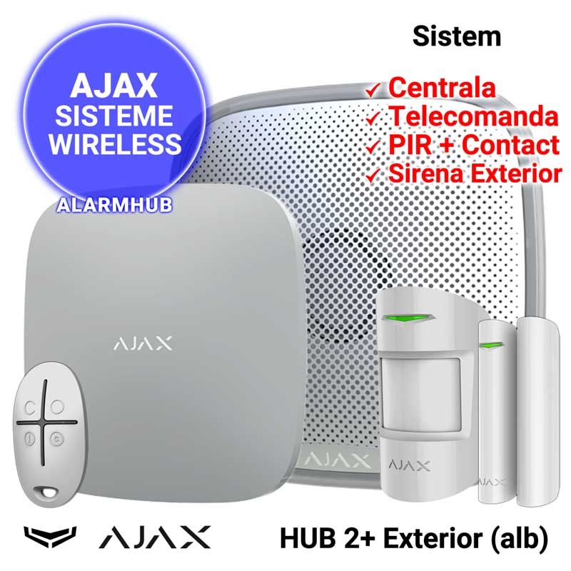 Sistem alarma AJAX HUB 2 Plus cu sirena de exterior, culoare alba