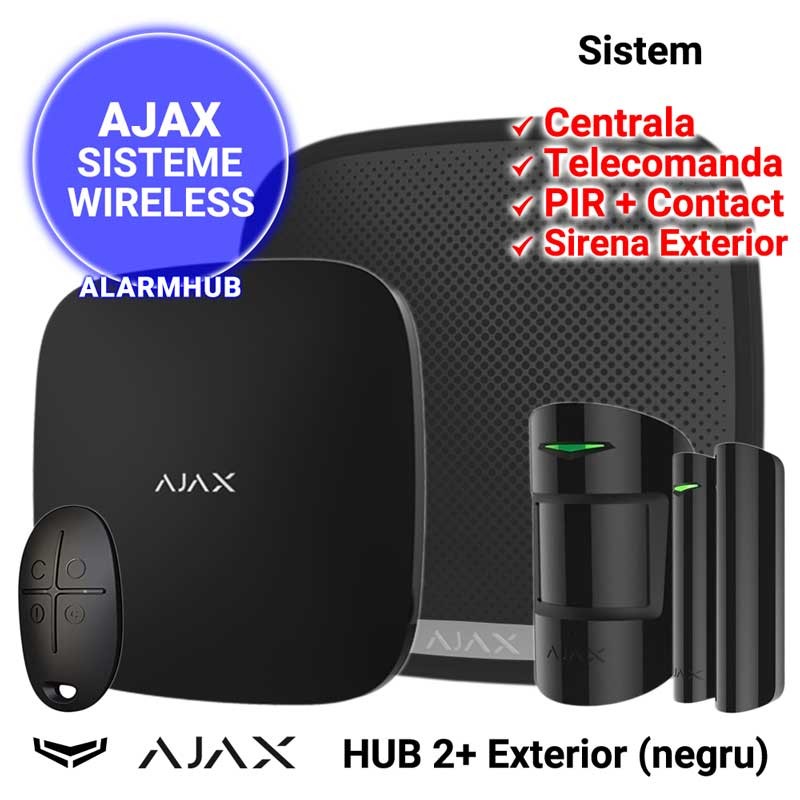 Sistem alarma AJAX HUB 2 PLUS cu sirena de exterior, culoare neagra