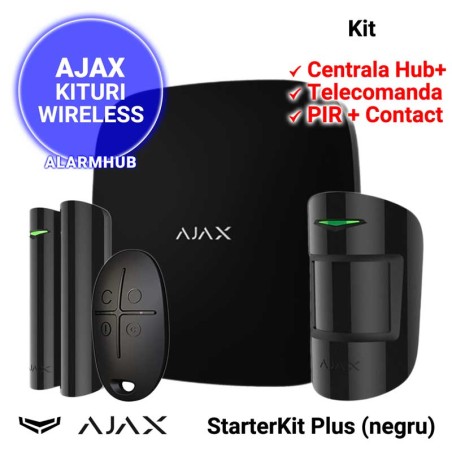 Kit alarma AJAX StarterKit Plus cu centrala AJAX HUB Plus (culoare neagra)