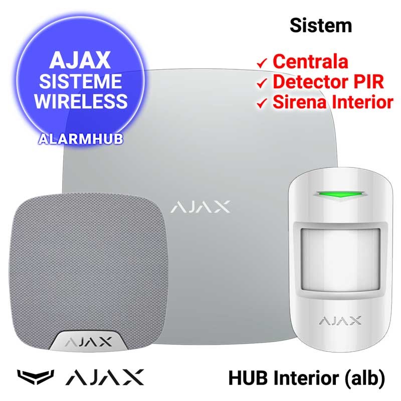 Sistem alarma wireless AJAX HUB cu sirena de interior, culoare alba