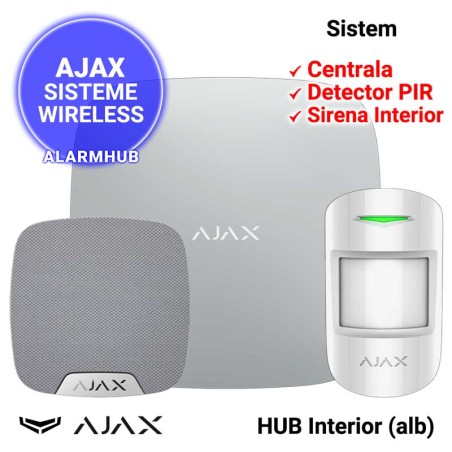 Sistem alarma wireless AJAX HUB cu sirena de interior, culoare alba