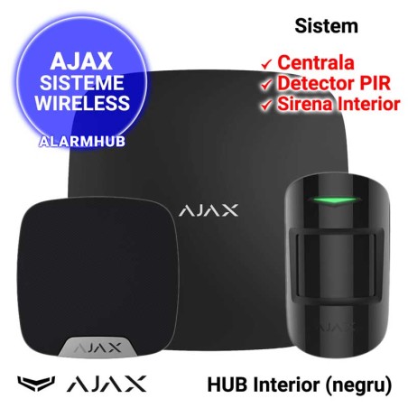 Sistem alarma wireless AJAX HUB cu sirena de interior, culoare neagra