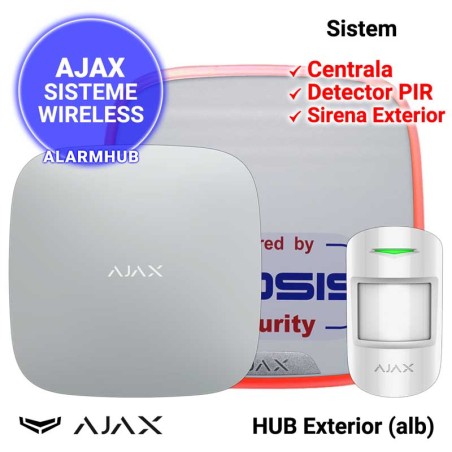 Sistem alarma wireless AJAX HUB cu sirena de exterior, culoare alba