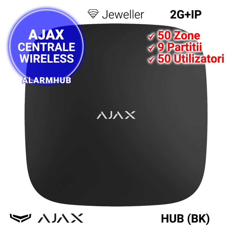 AJAX Hub (BK)  - Centrala alarma wireless, 2G + Ethernet, neagra