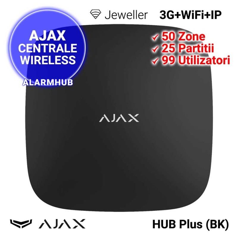 AJAX HUB Plus (BK) - centrala de alarma wireless, comunicatie 3G, IP, WiFi, neagra
