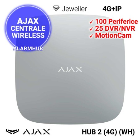 AJAX HUB 2 (4G) (WH) - Centrala alarma wireless, 4G + IP, alba